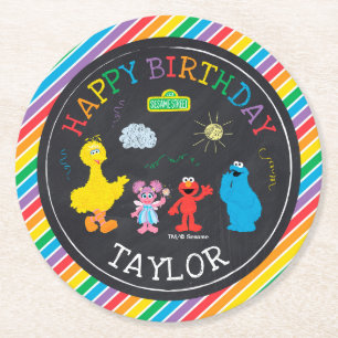 Porta-copo De Papel Redondo Sesame Street Pals Chalkboard Rainbow Aniversário