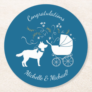 Porta-copo De Papel Redondo Siberian Husky Dog Chá de fraldas Puppy Blue Boy