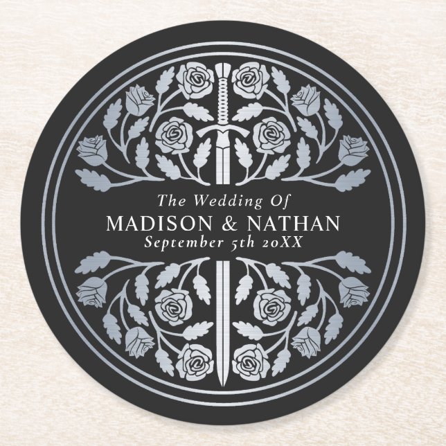 Porta-copo De Papel Redondo Silver Black Royal Medieval Sword Wedding (Frente)