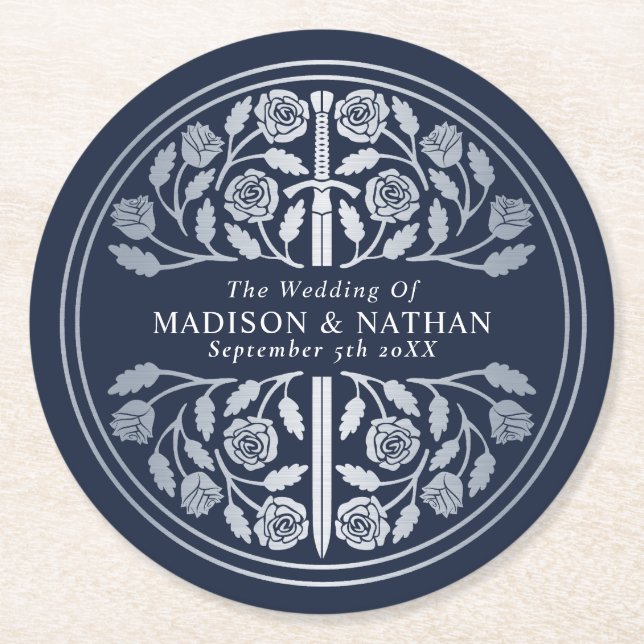 Porta-copo De Papel Redondo Silver Blue Royal Medieval Sword Wedding (Frente)