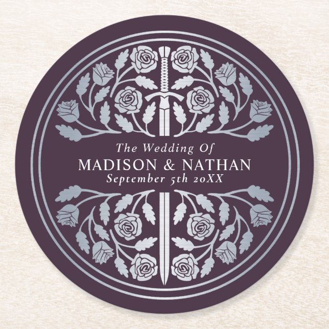 Porta-copo De Papel Redondo Silver Eggplant Royal Medieval Sword Wedding (Frente)