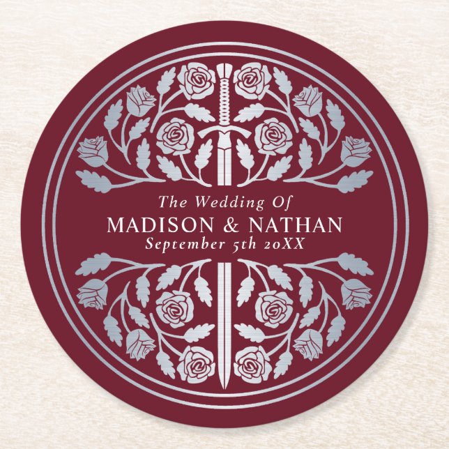 Porta-copo De Papel Redondo Silver Red Royal Medieval Sword Wedding (Frente)