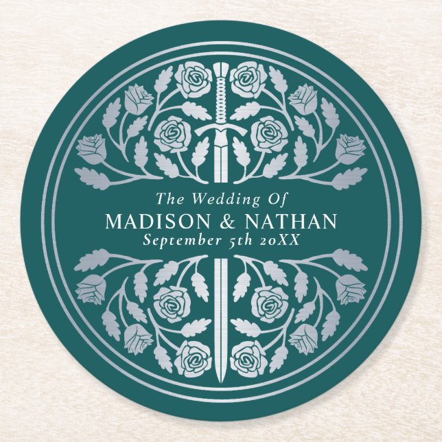 Porta-copo De Papel Redondo Silver Teal Royal Medieval Sword Wedding (Frente)