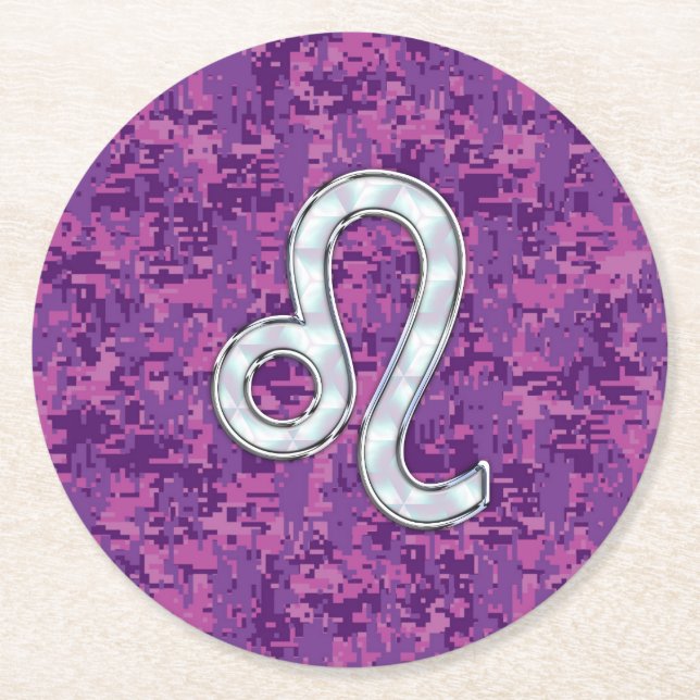Porta-copo De Papel Redondo Símbolo Leo Zodiac no Camo Digital Fúchsia Rosa (Frente)