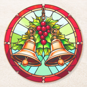 Porta-copo De Papel Redondo Sinos de Natal de Vidro Manchados com Holly