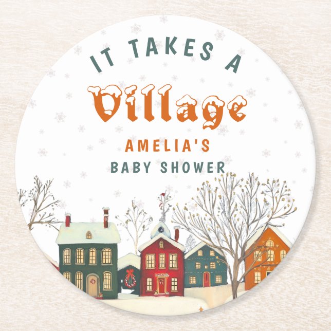 Porta-copo De Papel Redondo Snow Village Winter Baby Shower (Frente)