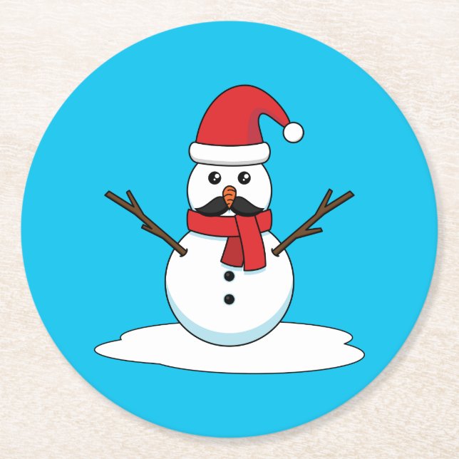 Porta-copo De Papel Redondo Snowman engraçado com bigode e papagaio (Frente)