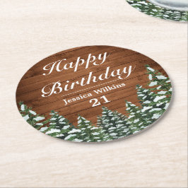 Porta-copo De Papel Redondo Snowy Wood & Forest Country Pine Feliz Aniversário