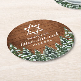 Porta-copo De Papel Redondo Snowy Wood & Forest Rural Pine Bar Bat Mitzvah