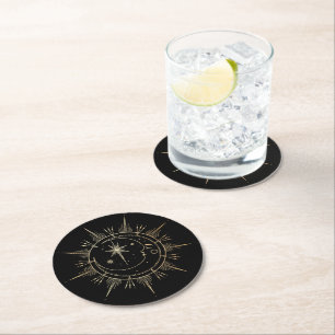 Porta-copo De Papel Redondo Sol e Lua Stars Celestial Faux Dourado Negro
