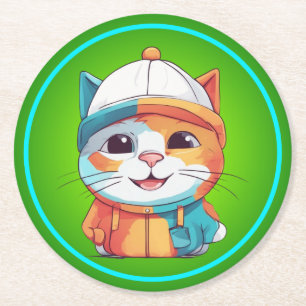 Porta-copo De Papel Redondo Sorrir Gato Vestindo Clipart de Chapéu