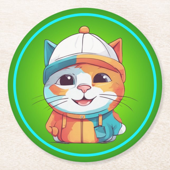 Porta-copo De Papel Redondo Sorrir Gato Vestindo Clipart de Chapéu (Frente)