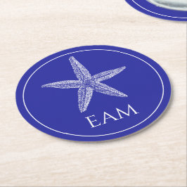 Porta-copo De Papel Redondo Starfish branco costeiro sobre monograma azul Mari