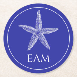 Porta-copo De Papel Redondo Starfish branco costeiro sobre monograma azul Mari