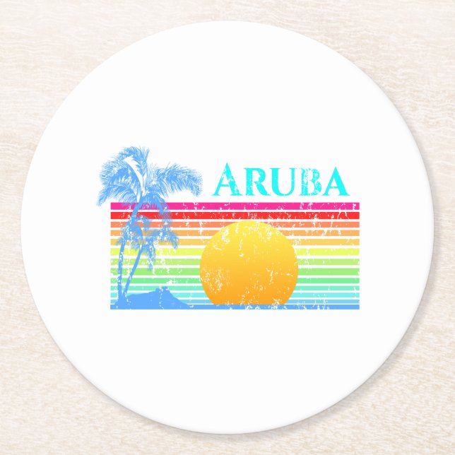 Porta-copo De Papel Redondo Sunset Retro Beach Aruba (Frente)