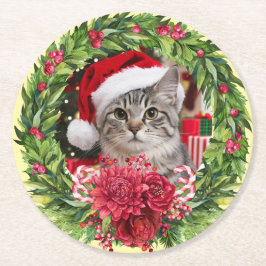 Porta-copo De Papel Redondo Tabby Christmas Wreath Coaster