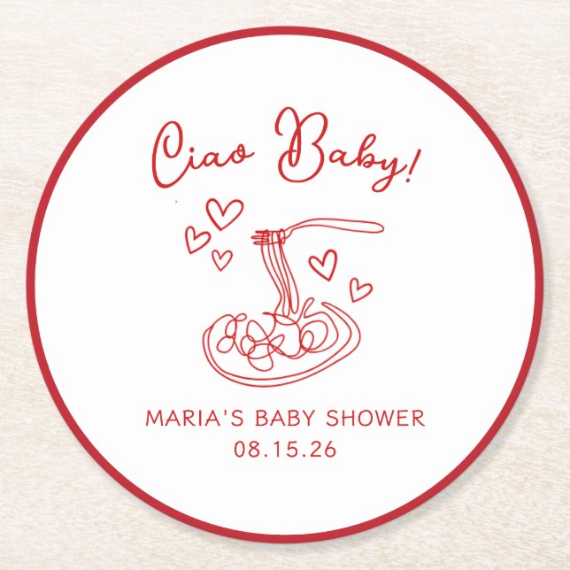 Porta-copo De Papel Redondo Tchau, bebê! Chá de fraldas de massas italianas de (Frente)