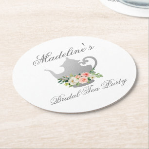 Porta-copo De Papel Redondo Tea party de prata floral cor-de-rosa do chá de
