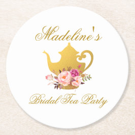 Porta-copo De Papel Redondo Tea party floral cor-de-rosa Dourado do chá de