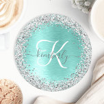 Porta-copo De Papel Redondo Teal Brugado Metal Silver Glitter Nome Monograma<br><div class="desc">Personalize facilmente esta moda design de porta copos de de chic com brilho prateado bonito em um fundo metálico escovado teal.</div>