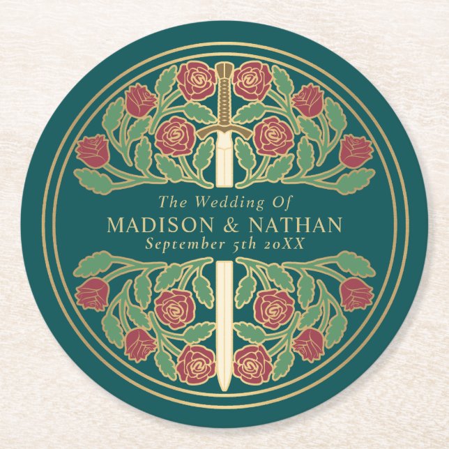 Porta-copo De Papel Redondo Teal Royal Medieval Gold Sword Wedding (Frente)