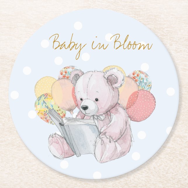 Porta-copo De Papel Redondo Teddy Bear lendo um livro Baby in Bloom (Frente)