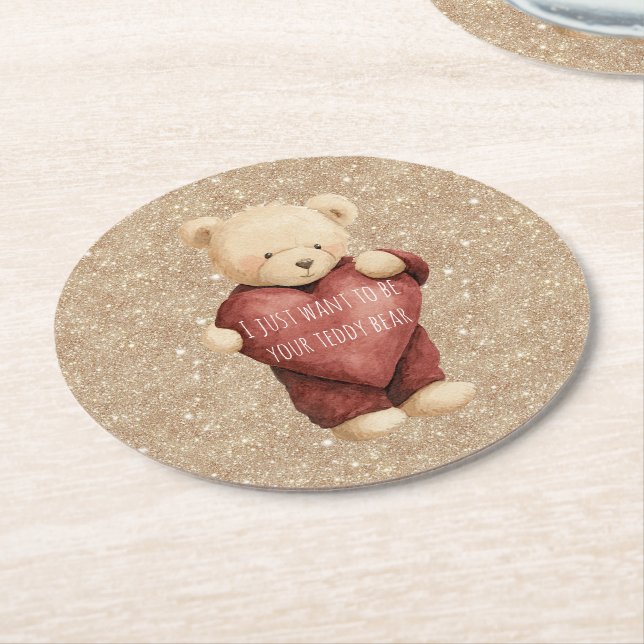 Porta-copo De Papel Redondo Teddy Bear Red Heart Gold Glitter (Angulado)