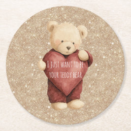 Porta-copo De Papel Redondo Teddy Bear Red Heart Gold Glitter