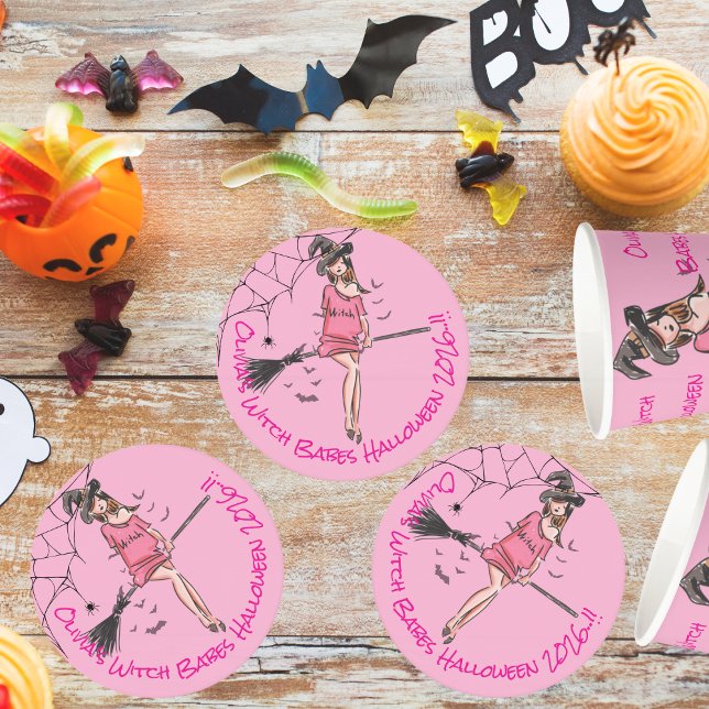 Porta-copo De Papel Redondo Teen Girl Witch Babs Festa de Halloween (Witch Babes Halloween Party Round Paper Coaster)