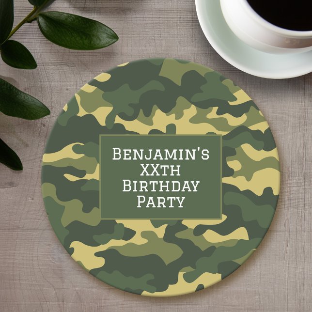 Porta-copo De Papel Redondo Tema de Festa de aniversário de camuflagem militar (Personalized coaster - Camo Birthday Card)