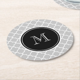 Porta-copo De Papel Redondo Teste padrão cinzento de Quatrefoil, monograma