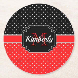 Porta-copo De Papel Redondo Teste padrão de pontos preto & vermelho