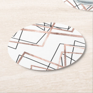 Porta-copo De Papel Redondo Teste padrão linear branco Dourado cor-de-rosa do