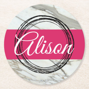 Porta-copo De Papel Redondo Texto do nome do design de mármore mínimo