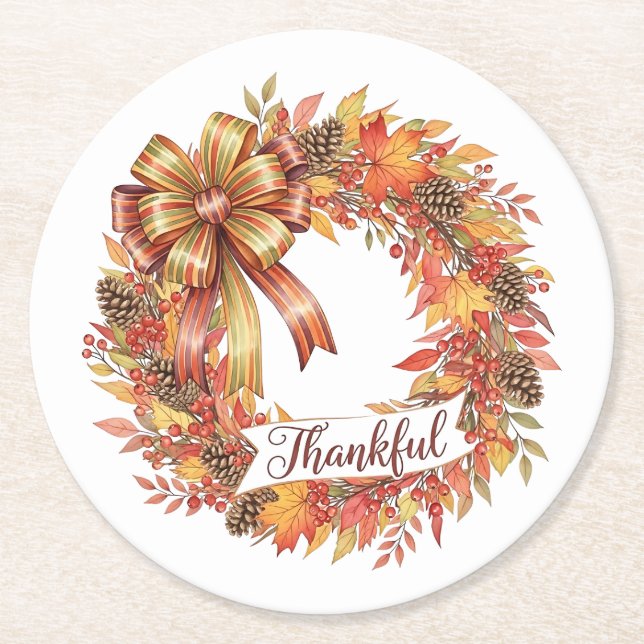 Porta-copo De Papel Redondo Thankful Wreath (Frente)