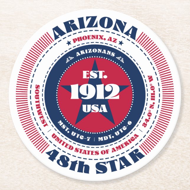 Porta-copo De Papel Redondo Tipografia arizona Vermelha Azul (Frente)