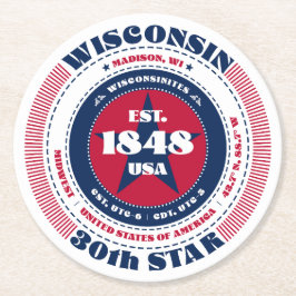Porta-copo De Papel Redondo Tipografia de Wisconsin Red White Blue