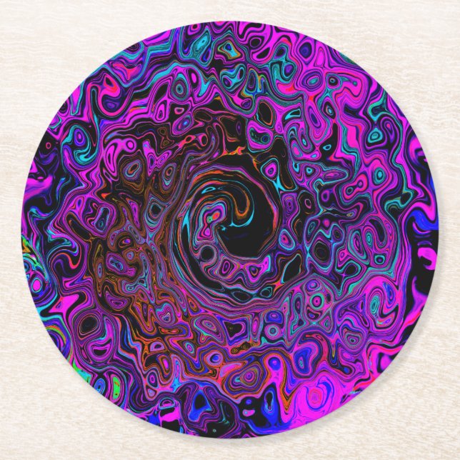 Porta-copo De Papel Redondo Trippy Black and Magenta Retro Liquid Swirl (Frente)