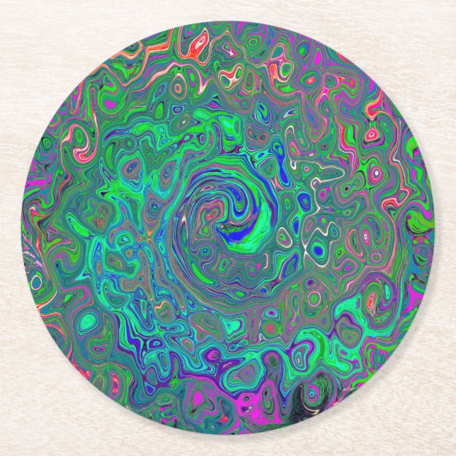 Porta-copo De Papel Redondo Trippy Chartreuse e Blue Retro Liquid Swirl (Frente)