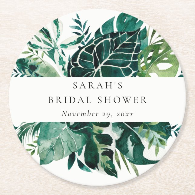 Porta-copo De Papel Redondo Tropical Monstera Green Foliage Bridal Shower  (Frente)
