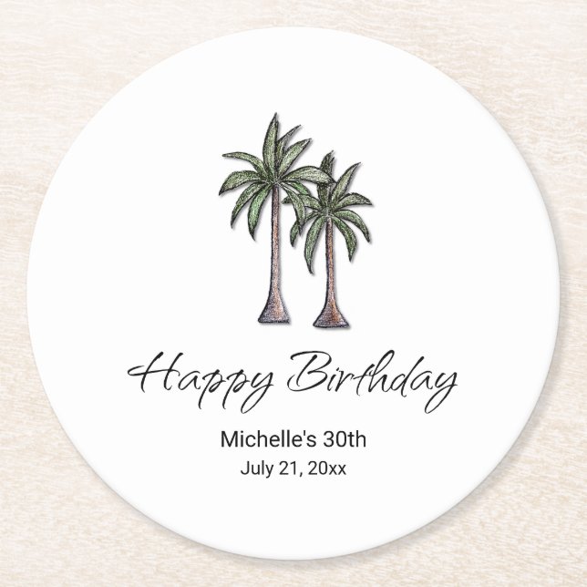 Porta-copo De Papel Redondo Tropical Palm Trees Elegant 30th Birthday Party (Frente)