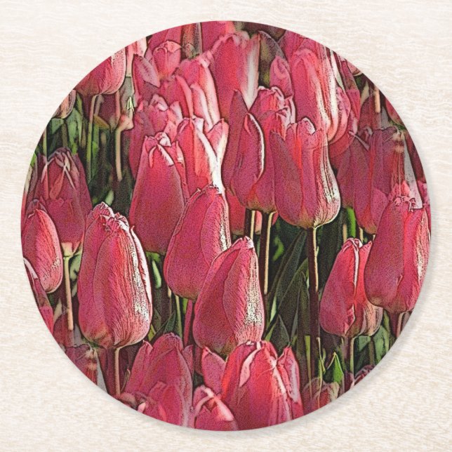 Porta-copo De Papel Redondo Tulipas Rosa Floral (Frente)