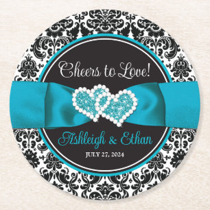 Porta-copo De Papel Redondo Turquesa, Black Damask Love Heart Casamento