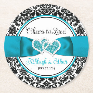 Porta-copo De Papel Redondo Turquesa, Black Damask Love Heart Casamento