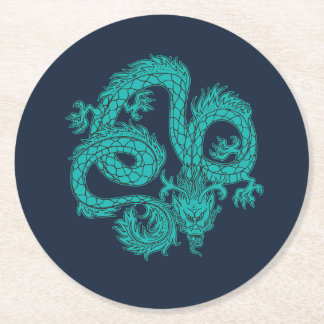 Porta-copo De Papel Redondo Turquesa Dragão Oriental Azul Marinho Círculo de P