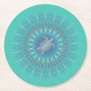 Porta-copo De Papel Redondo Turquoise Silver Turtle Mandala