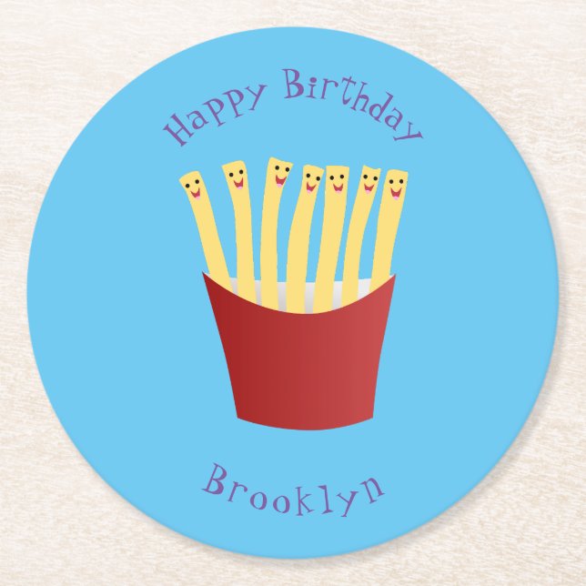 Porta-copo De Papel Redondo Um desenho animado de comida rápida, chamado kawai (Frente)