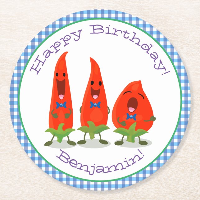 Porta-copo De Papel Redondo Um desenho animado de pimentões cantando pimentões (Frente)