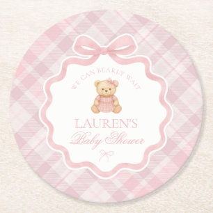 Porta-copo De Papel Redondo Urso com Laço Coquete Rosa Plaid Churrasco de Bebê