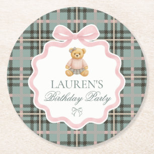 Porta-copo De Papel Redondo Urso de Laço Coquete Rosa Plaid Aniversário